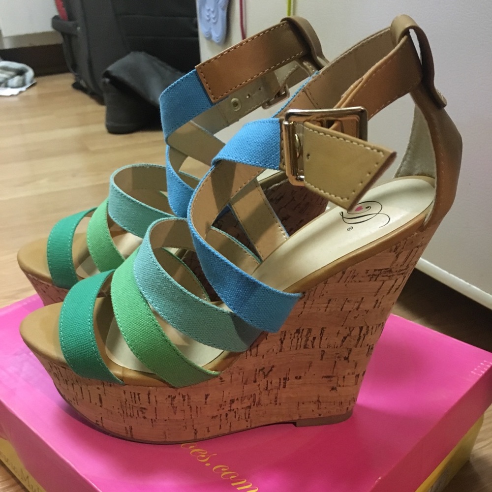 Blue/green ombré high wedge sandals size 8
